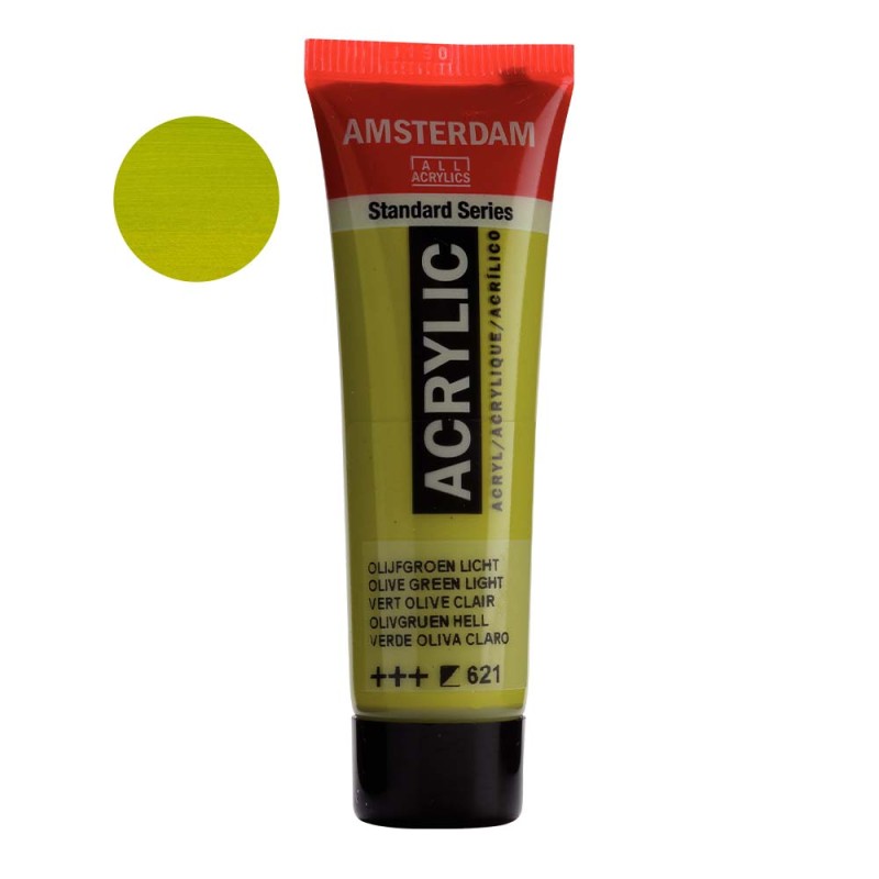 Farba akrylowa Amsterdam Acrylic 20 ml - 621 Olive green lightTuba zielonej farby akrylowej Amsterdam, ze wzornikiem koloru w rogu. Na dole oznaczenie transparentności.