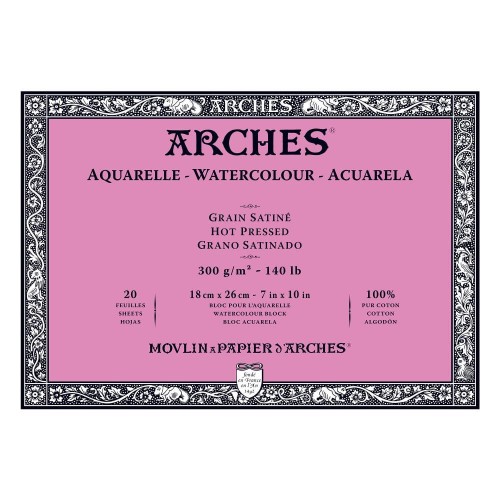 Blok do akwareli Arches Grain Satine - 18 x 26 cm, 300 g, 20 ark., 100% bawełny, hot pressed