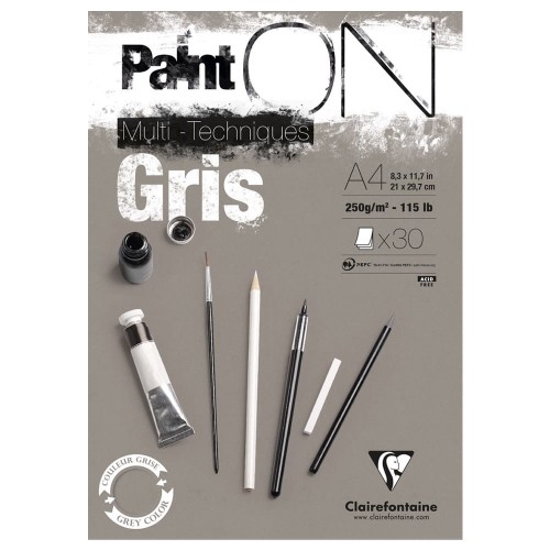 Blok mix media Clairefontaine Paint On Gris - A4, 250 g, 30 ark. 