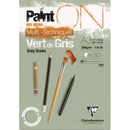 Blok mix media Clairefontaine Paint On Vert de Gris - A3, 250 g, 30 ark.