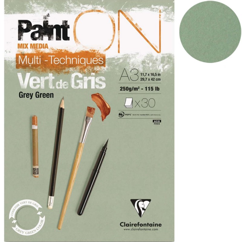 Blok mix media Clairefontaine Paint On Vert de Gris - A3, 250 g, 30 ark.