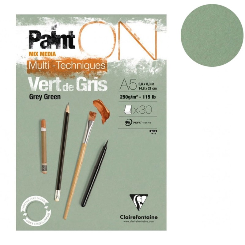 Blok mix media Clairefontaine Paint On Vert de Gris - A5, 250 g, 30 ark.