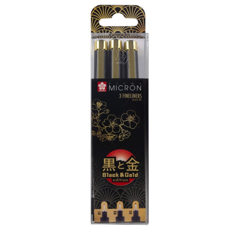 Pisaki Pigma Micron Fineliners Black &amp; Gold Edition 3 szt