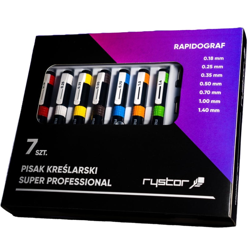 Rapidograf Rystor komplet 7szt: od 0,18 mm do 1,40 mm