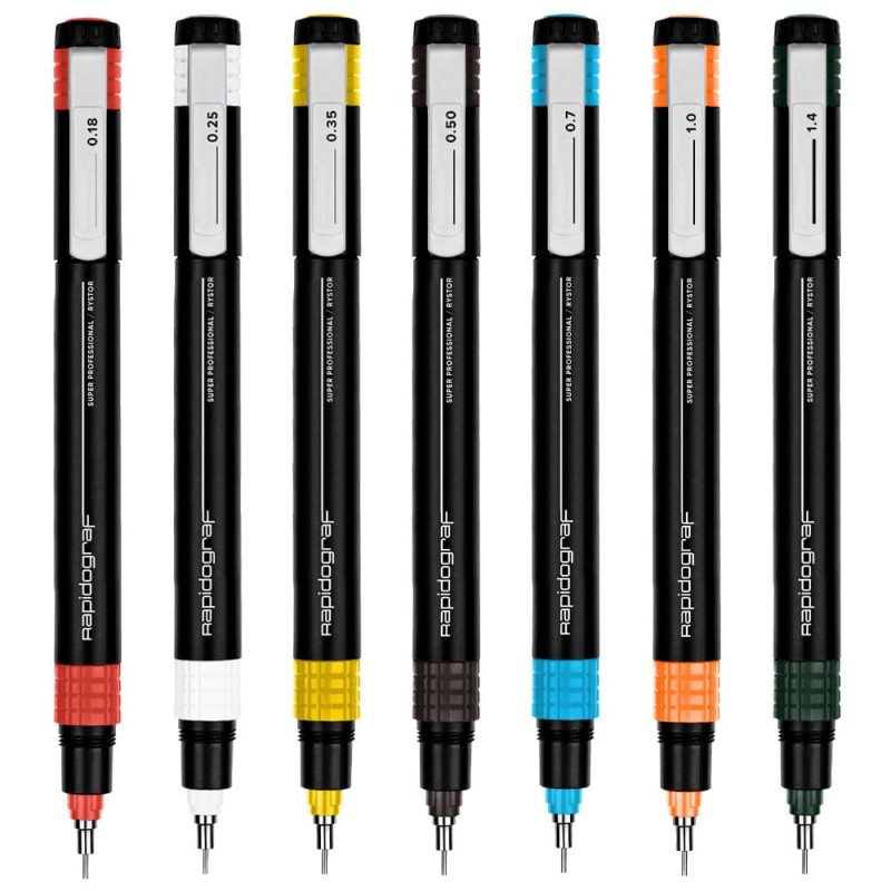 Rapidograf Rystor komplet 7szt: od 0,18 mm do 1,40 mm