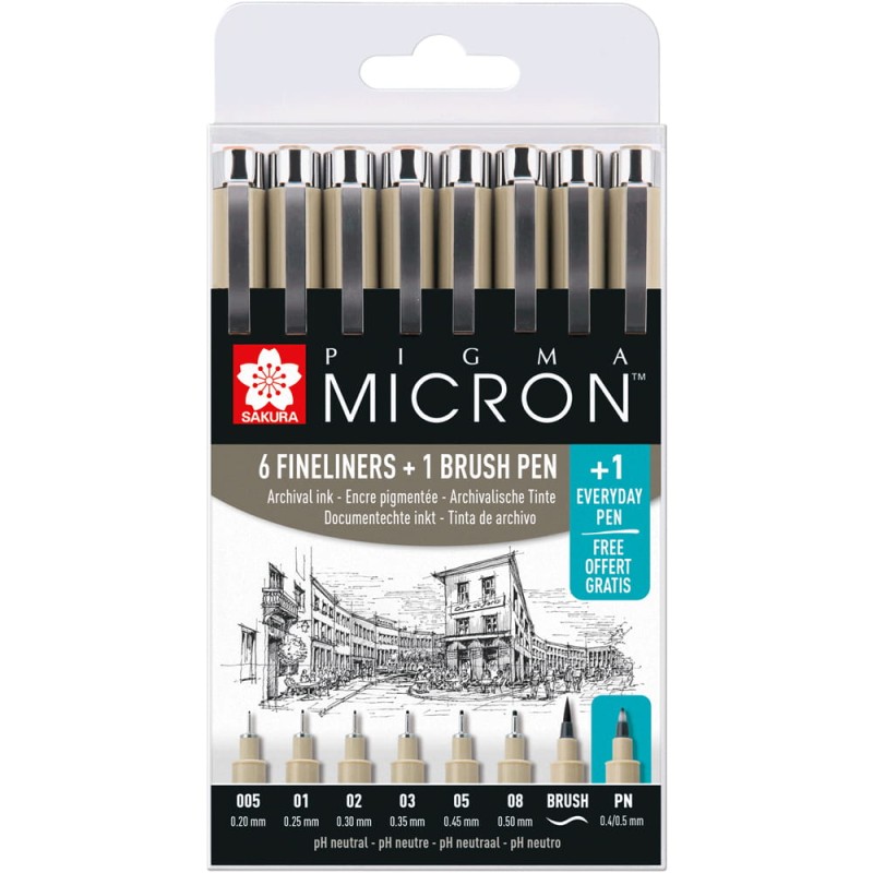 Cienkopisy Micron Pigma Black Sakura 6 szt + Brush + PN