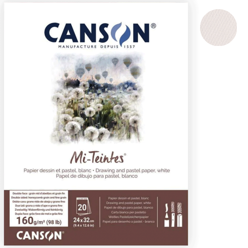 Blok do pasteli Canson Mi-Teintes - 24 x 32 cm, 160 g, 20 ark., biały