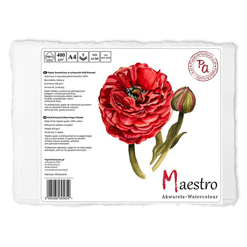 Papier do akwareli Maestro Jaskier 100% Bawełny Cold Pressed - A4, 400 g, 5 ark. 04