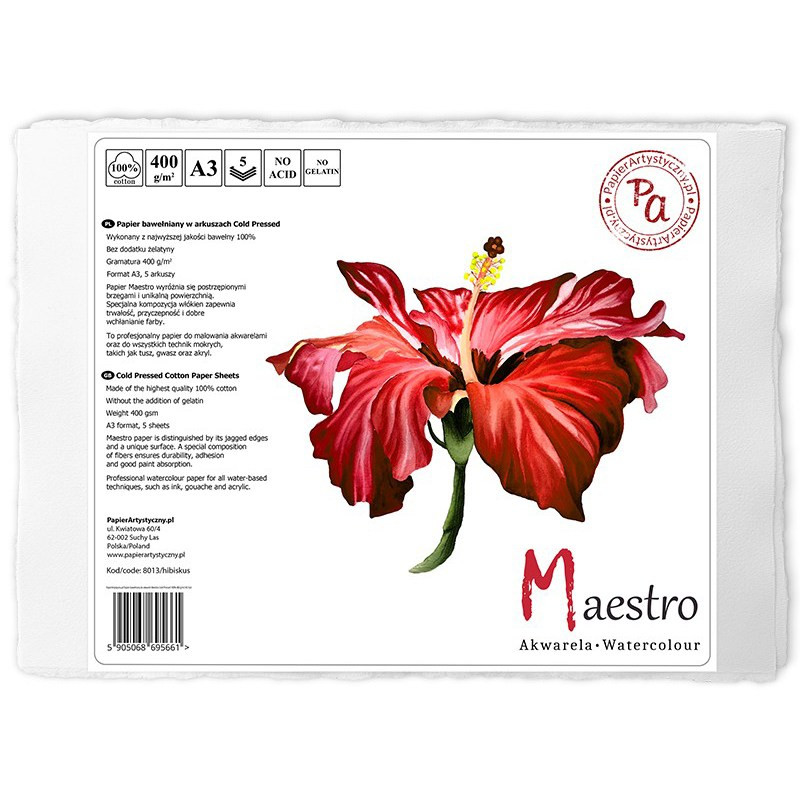 Papier do akwareli Maestro Hibiskus 100 % Bawełny Cold Pressed - A3, 400 g, 5 ark. 03