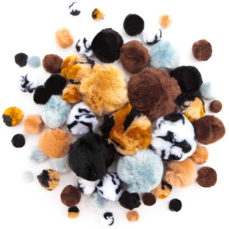 Pompony akrylowe animal prints dpCraft 56 szt mix kolorów i rozmiarów 02