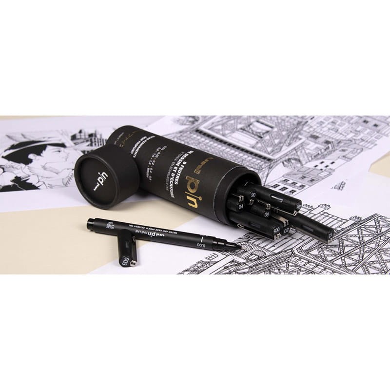 Cienkopisy kreślarskie Uni Pin - 200 zestaw 9 szt. - tuba