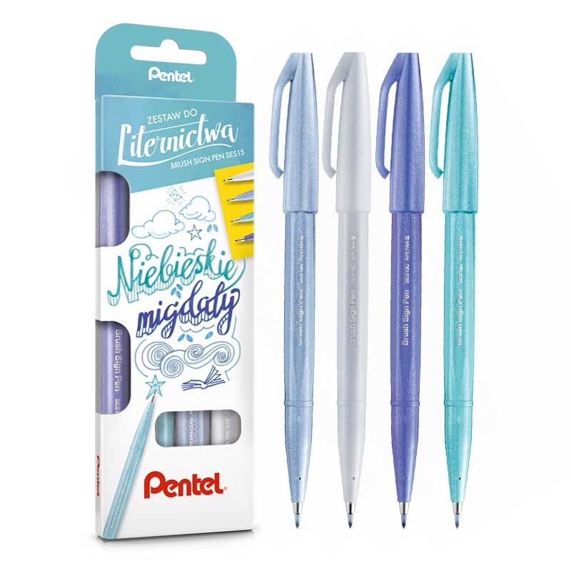 Pisaki do kaligrafii i liternictwa Pentel Sign Pen zestaw 4 szt. Niebieskie Migdały 01
