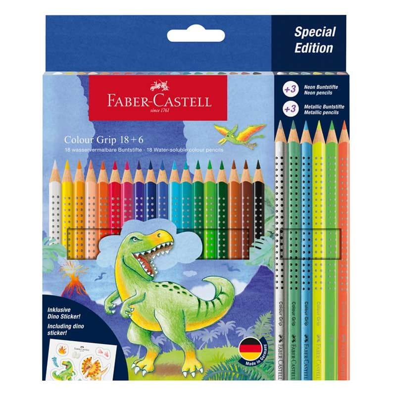 Kredki Faber-Castell Colour Grip 2001 Dinozaur zestaw 18 szt. + 6 szt. + naklejki 01