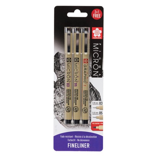 Cienkopisy Pigma Micron Fineliners Black Sakura 2 szt. + Graphic 1 Gratis