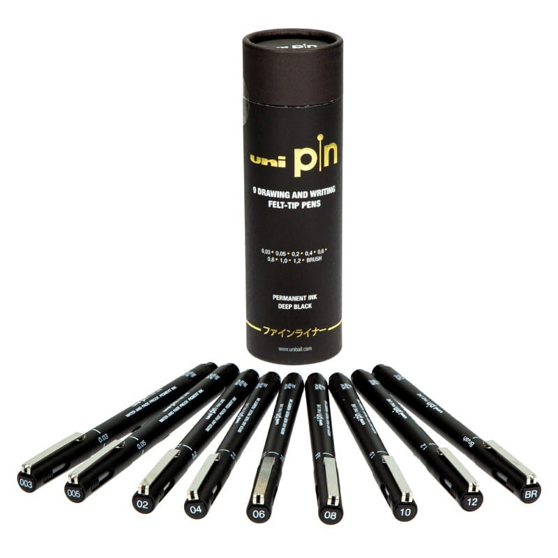 Cienkopisy kreślarskie Uni Pin - 200 zestaw 9 szt. - tuba