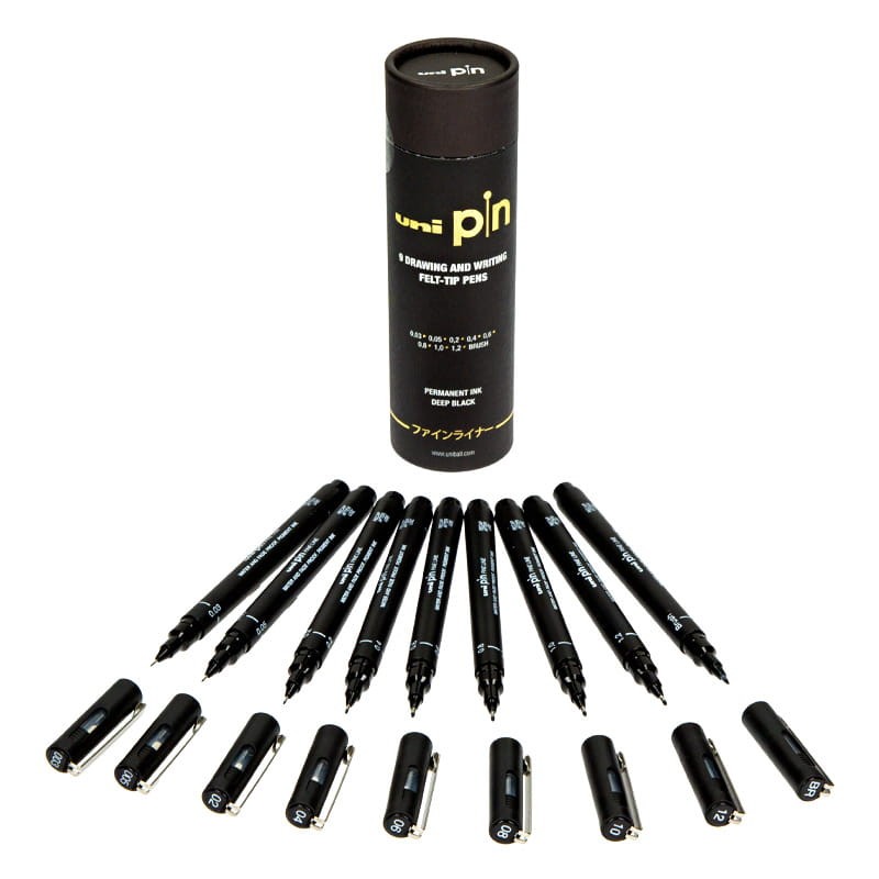 Cienkopisy kreślarskie Uni Pin - 200 zestaw 9 szt. - tuba
