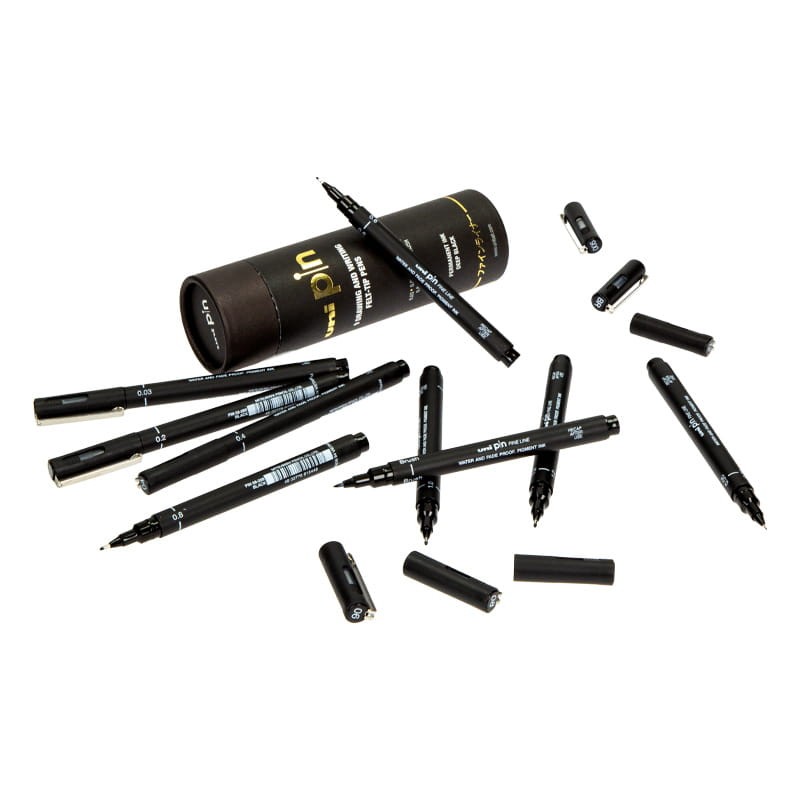 Cienkopisy kreślarskie Uni Pin - 200 zestaw 9 szt. - tuba