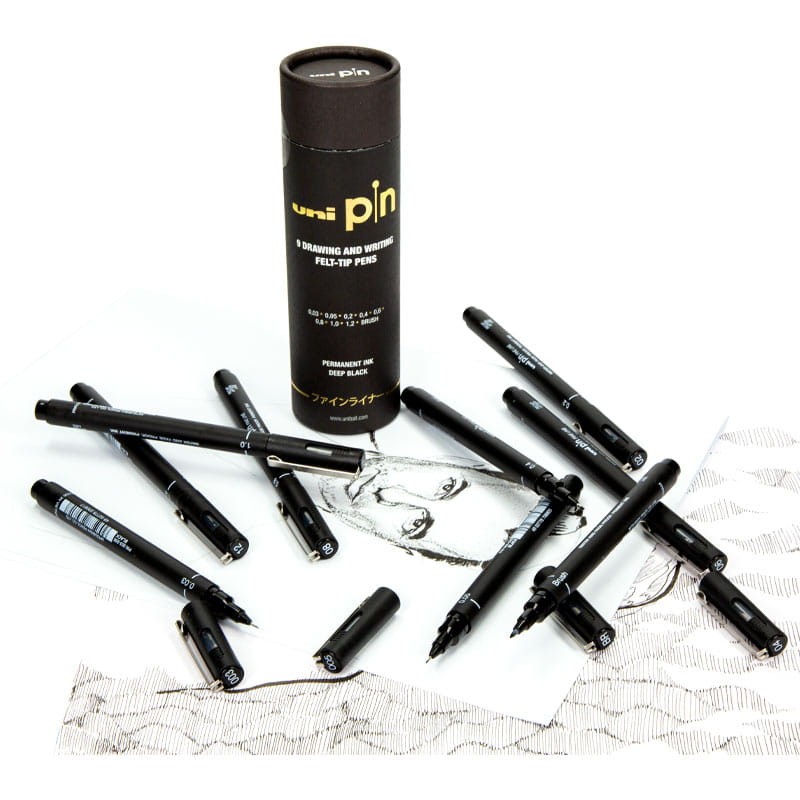 Cienkopisy kreślarskie Uni Pin - 200 zestaw 9 szt. - tuba