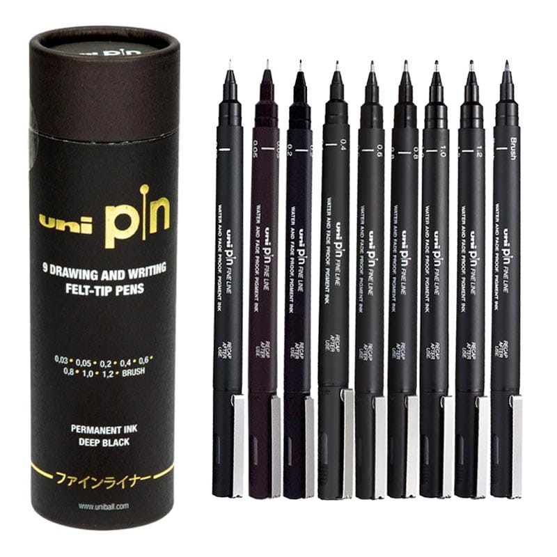 Cienkopisy kreślarskie Uni Pin - 200 zestaw 9 szt. - tuba