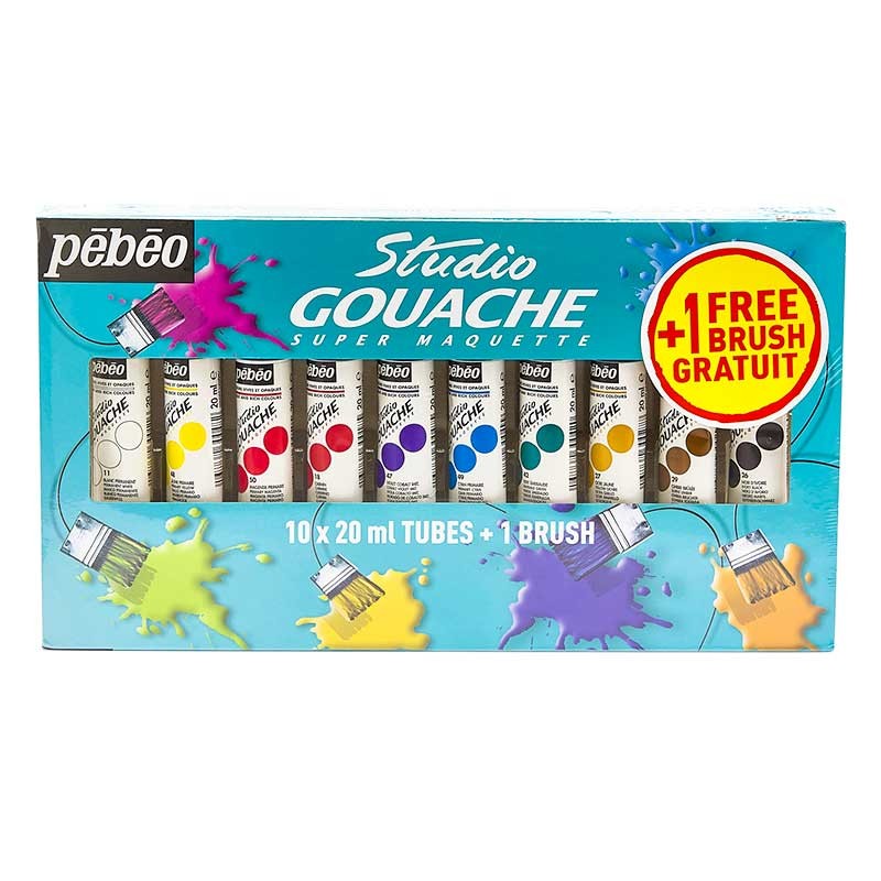 Farby Gouache Pebeo zestaw 10 x 20 ml + pędzelek 01