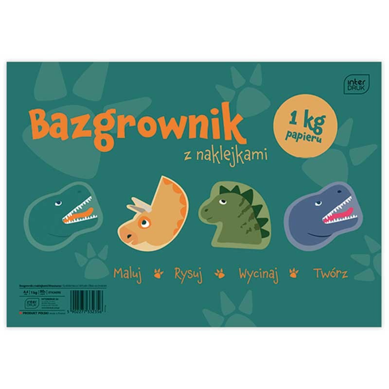 Blok rysunkowy bazgrownik biały Interdruk Dinozaurus 1 kg z naklejkami A4 80 g 100 ark. 03