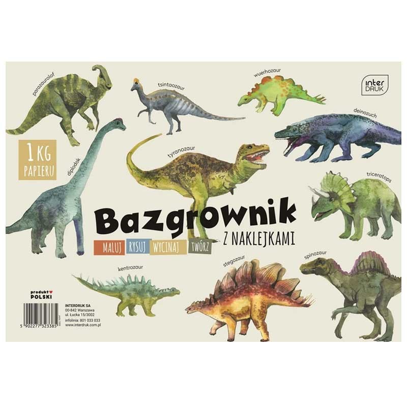 Blok rysunkowy bazgrownik biały Interdruk Dinozaury 1 kg z naklejkami A4 80 g 100 ark. 02