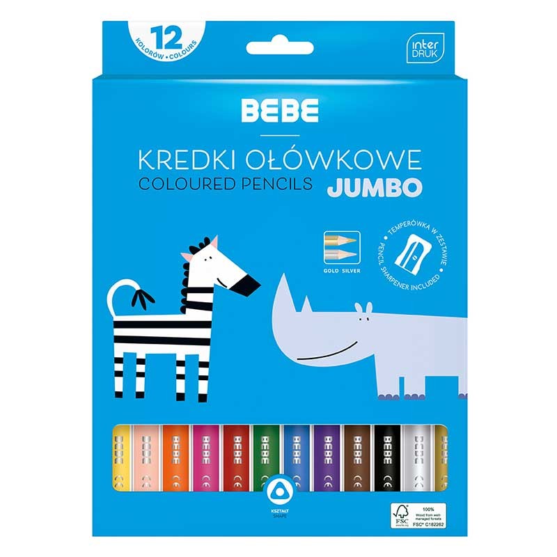 Kredki trójkątne BEBE Kids Jumbo zestaw 12 kolorów zebra i nosorożec 01