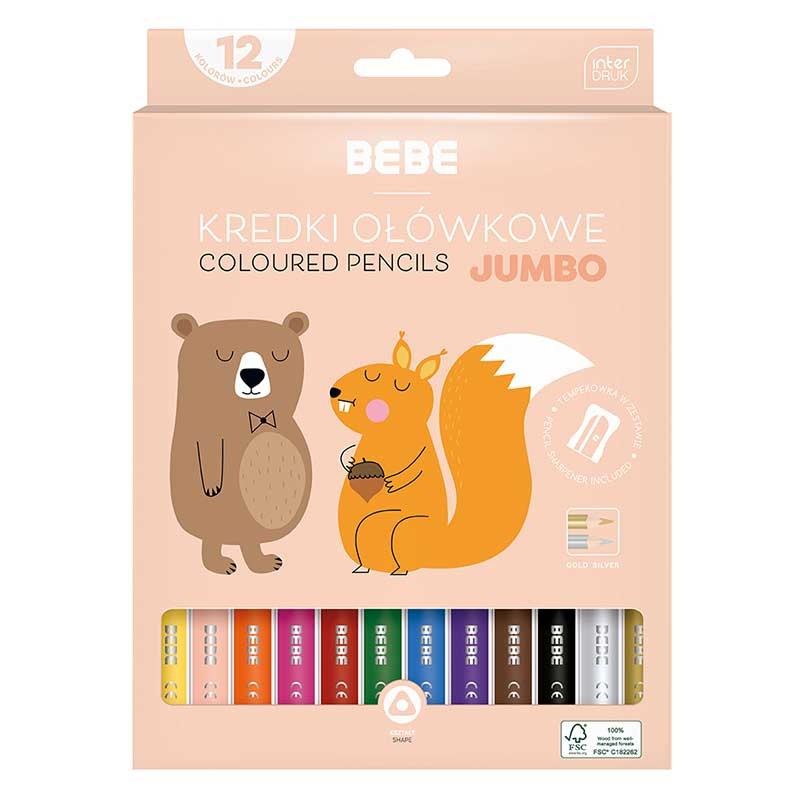 Kredki trójkątne BEBE Kids Jumbo zestaw 12 kolorów miś i wiewiórka 01