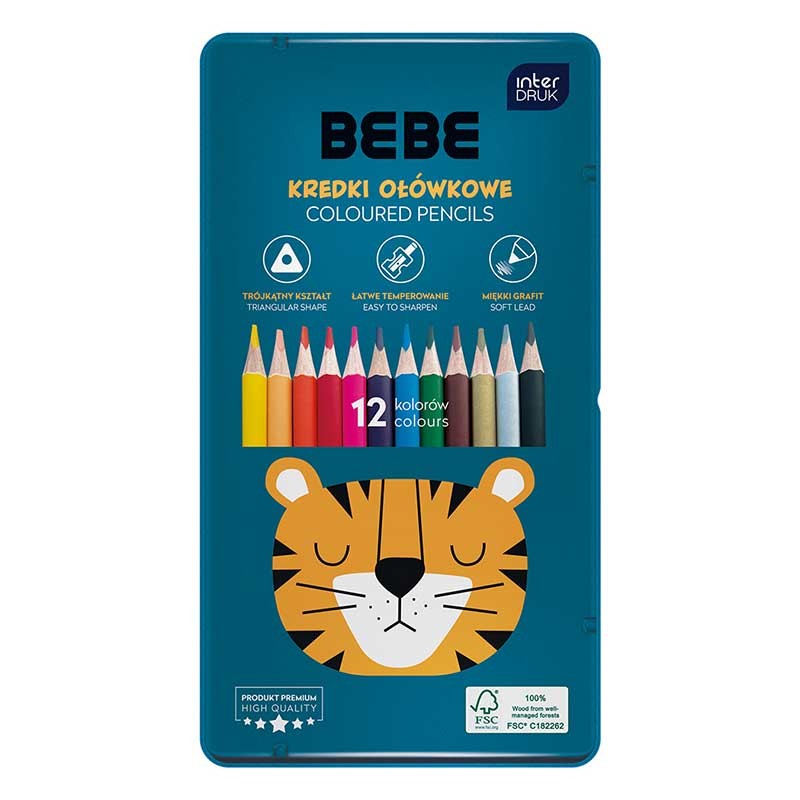 Kredki trójkątne BEBE Friends zestaw 12 kolorów metalowe etui tygrys 01