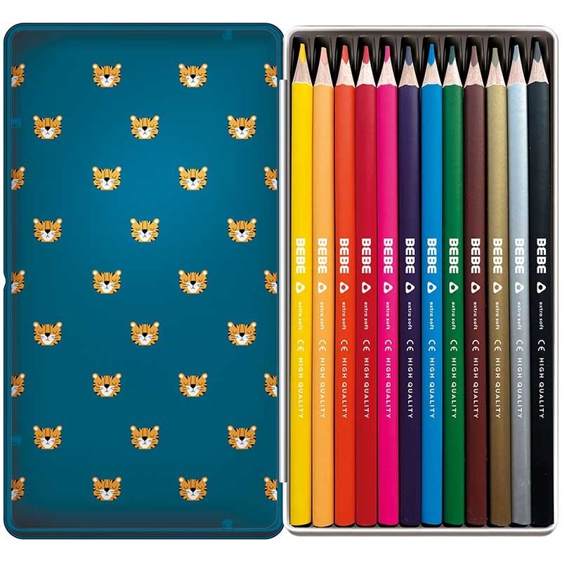 Kredki trójkątne BEBE Friends zestaw 12 kolorów metalowe etui tygrys 02