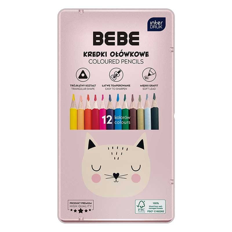 Kredki trójkątne BEBE Friends zestaw 12 kolorów metalowe etui kotek 01