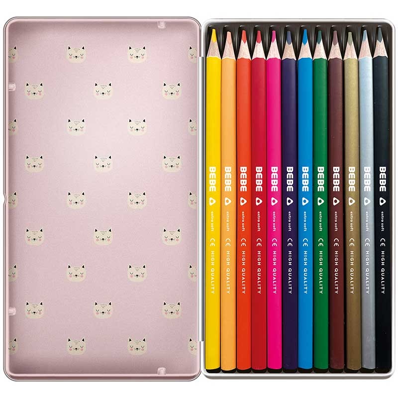 Kredki trójkątne BEBE Friends zestaw 12 kolorów metalowe etui kotek 02