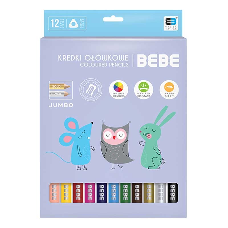 Kredki trójkątne BEBE Pastel Jumbo zestaw 12 pastelowych kolorów + temperówka 01