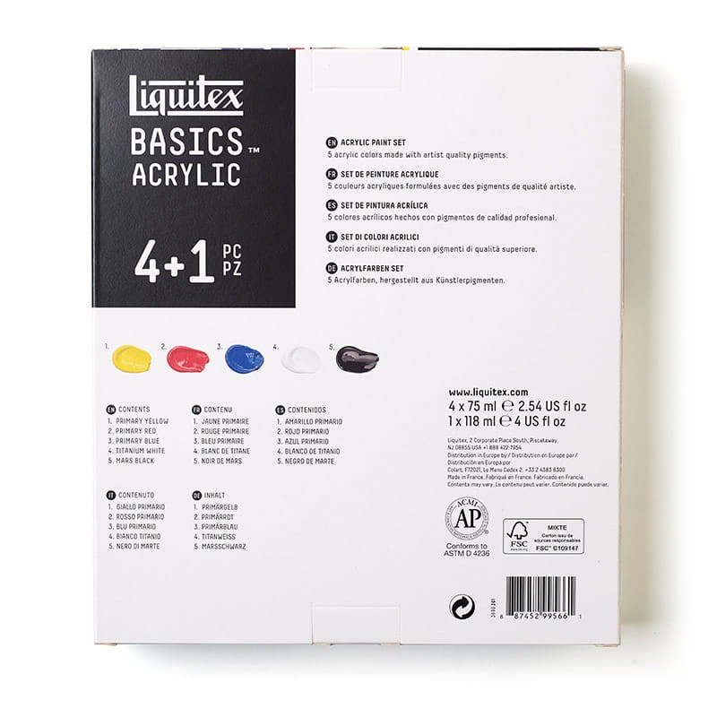 Farby akrylowe Liquitex Basics zestaw 4 x 75 ml + biała 118 ml