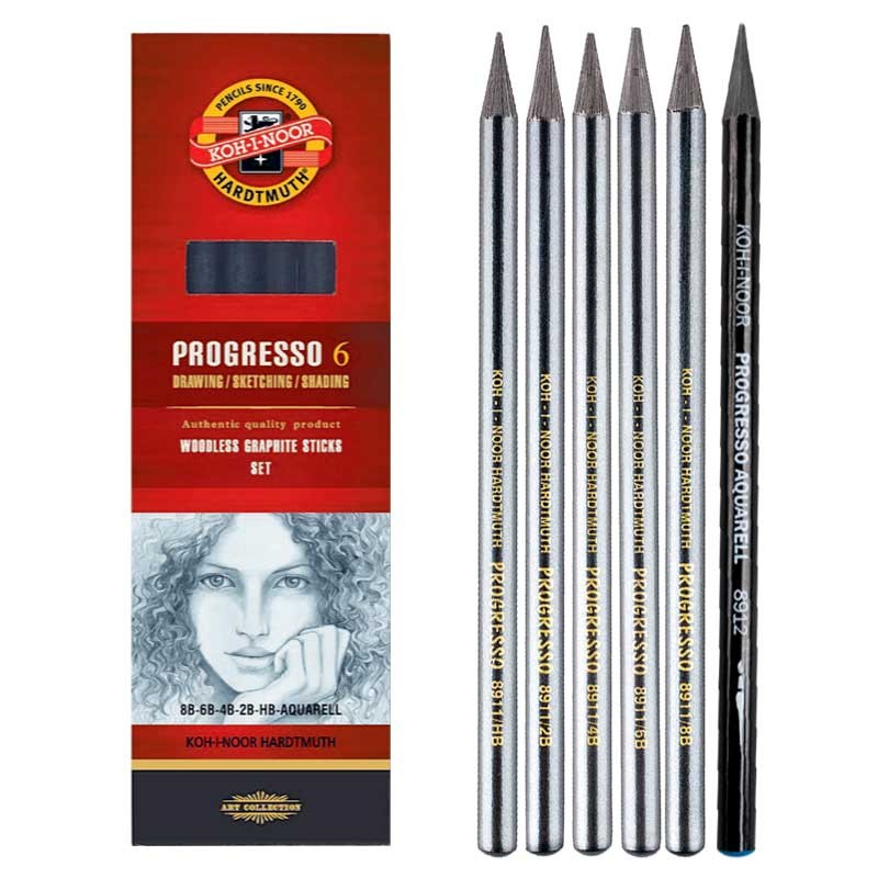 Ołówki-Progresso-8915-HB-8B-+-Aquarell-4B-zestaw-6-szt-Koh-I-Noor