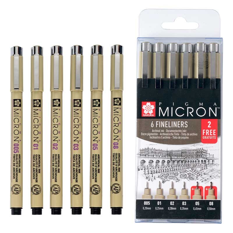 Cienkopisy Pigma Micron Black zestaw 6 szt. (4 + 2 gratis) 01