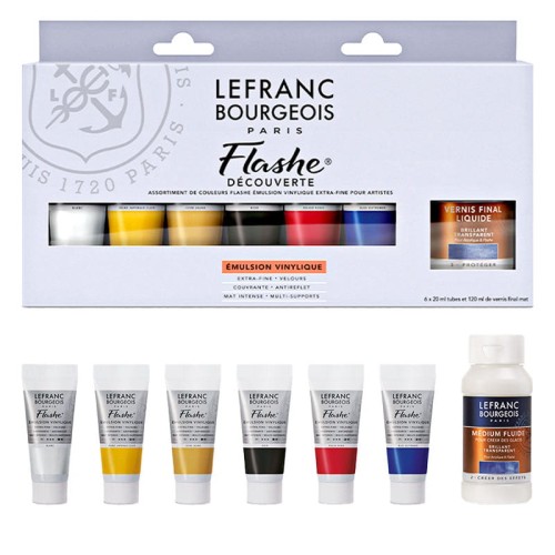 Farby winylowe Flashe Lefranc & Bourgeois Extra-Fine Discovery set 6 x 20ml + 120 ml lakier matowy