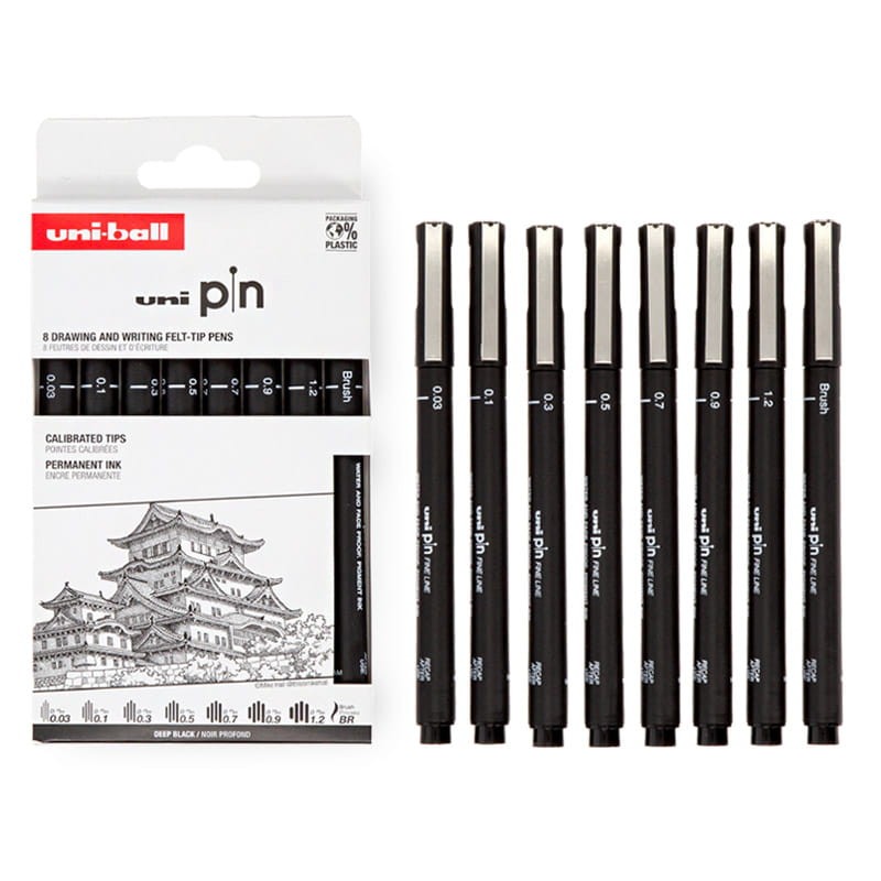 Cienkopisy kreślarskie Uni Pin zestaw 8 szt. Himeji 01
