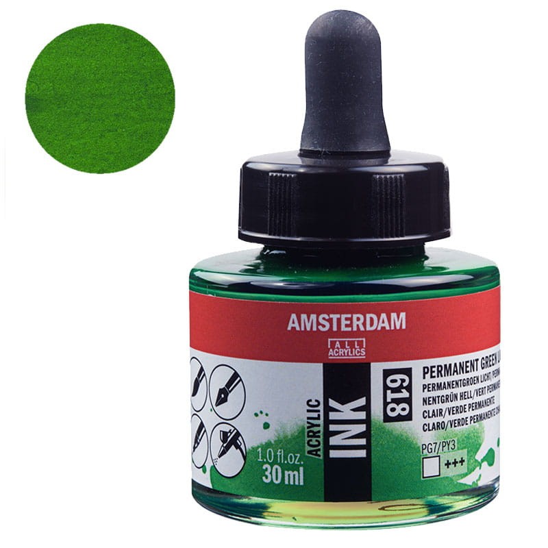 Tusz akrylowy Amsterdam Acrylic Ink Talens 30 ml 618 Permanent green light  01