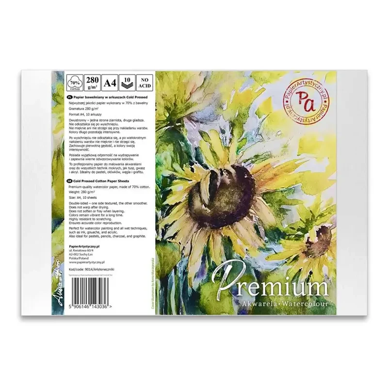 Papier do akwareli Premium Słoneczniki Cold Pressed 70% bawełny - A4, 280 g, 10 ark. 01
