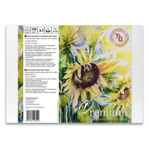 Papier do akwareli Premium Słoneczniki Cold Pressed 70% bawełny - A3, 280 g, 5 ark.