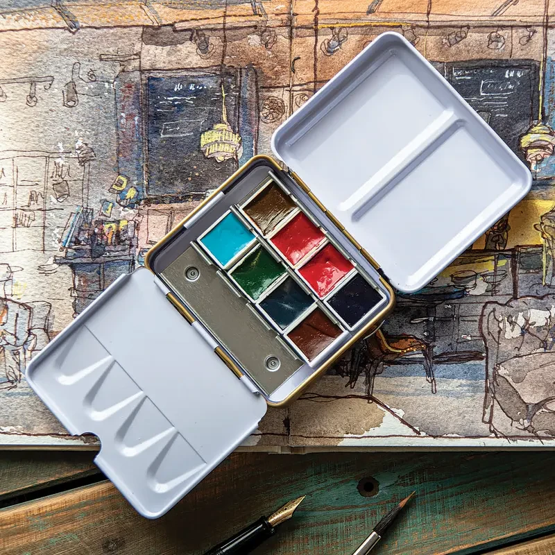 Akwarele Aquarius Mini Urban Sketchers Blue zestaw 8 półkostek 02