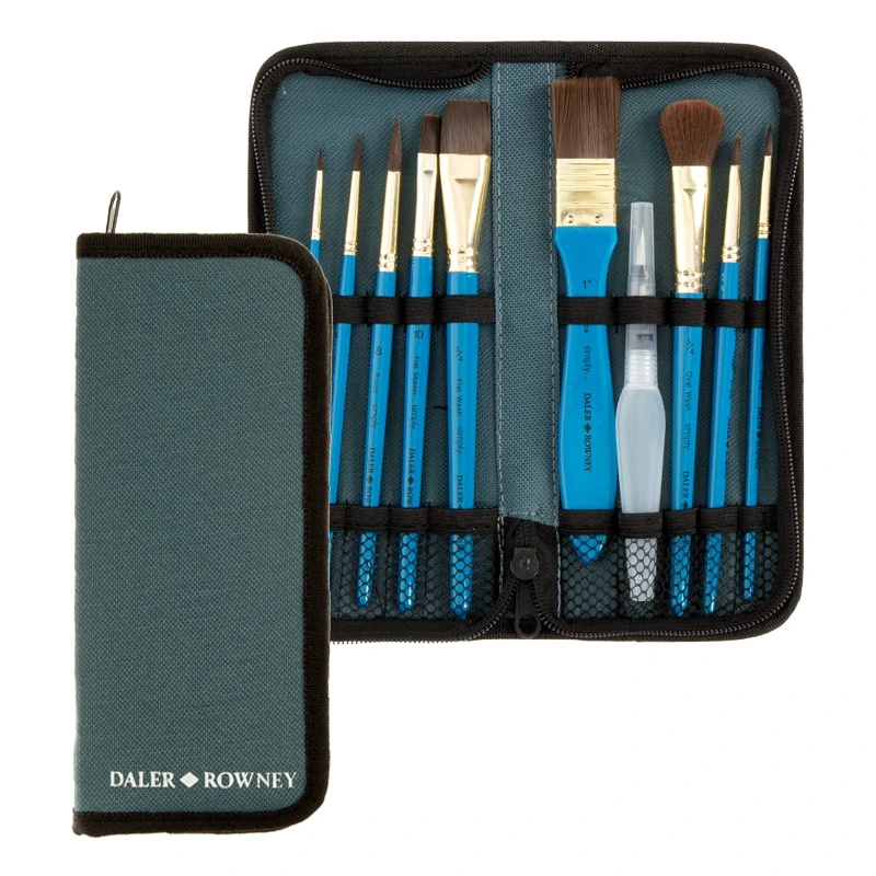 Pędzle syntetyczne Daler Rowney zestaw Watercolor Brushes - 10 szt.+ piórnik 01