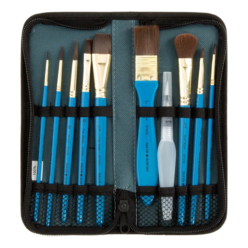 Pędzle syntetyczne Daler Rowney zestaw Watercolor Brushes - 10 szt.+ piórnik 02