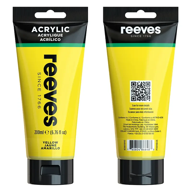 Farba akrylowa Reeves 200 ml w kolorze żółtym tubka z przodu i z tyłu.