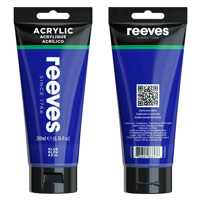 Farba akrylowa Reeves 200 ml w kolorze niebieskim tubka z przodu i z tyłu.