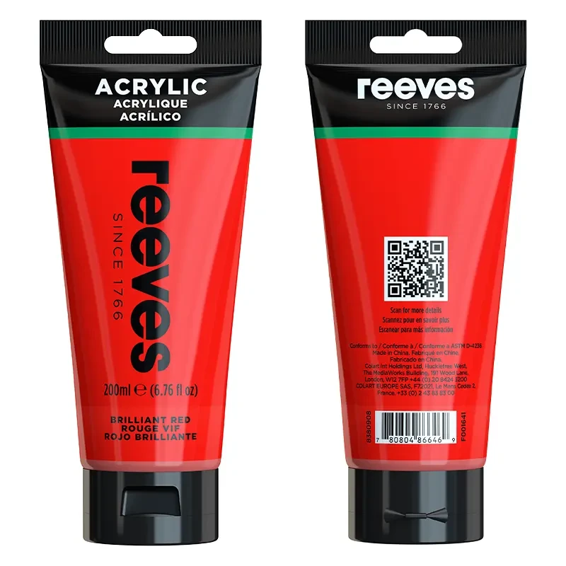 Farba akrylowa Reeves 200 ml w kolorze czerwonym tubka z przodu i z tyłu.