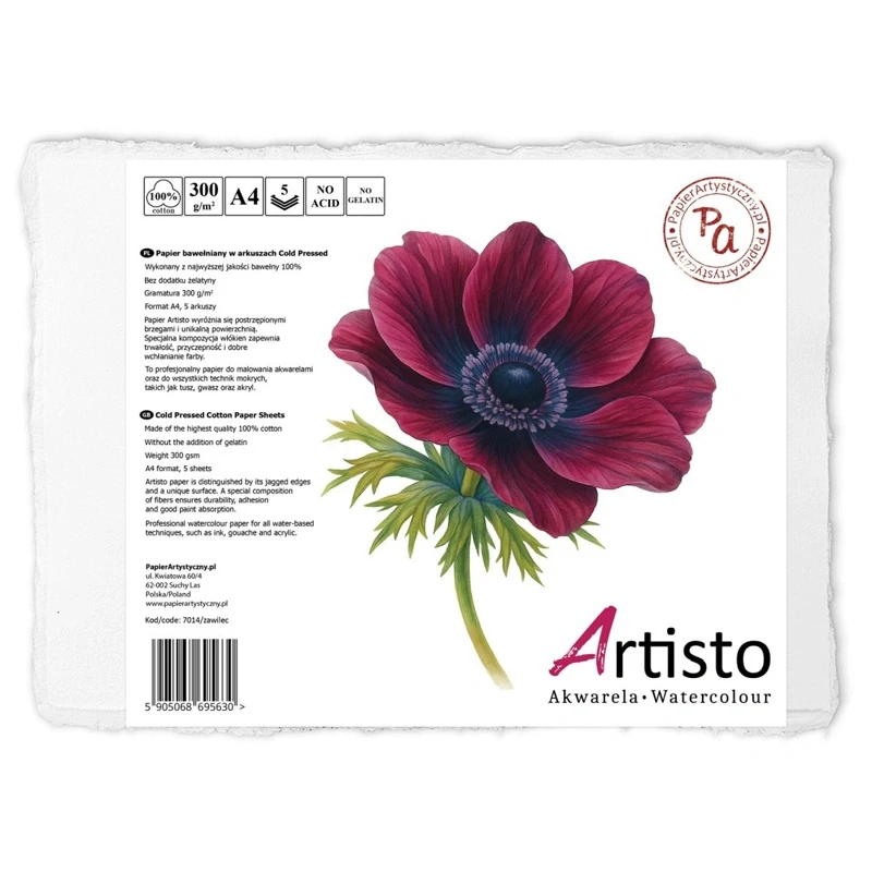 Papier do akwareli Artisto Zawilec 100% Bawełny Cold Pressed - A4, 300 g, 5 ark. 01