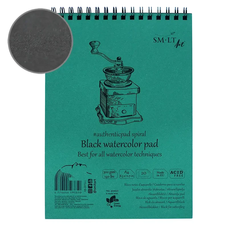 Czarny blok do akwareli SMLT Authentic Black watercolor pad - A4, 300 g, 20 ark., spirala 01