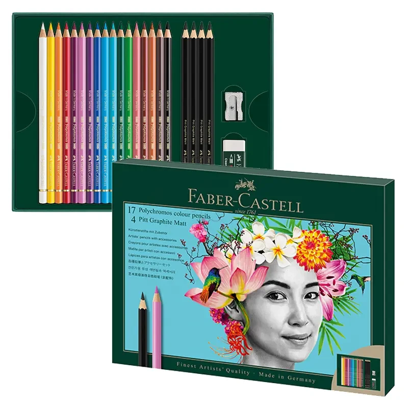 zestaw-rysunkowy-faber-castell-kredki-polychromos-zestaw-17-szt-4-olowki-pitt-matt-01.webp